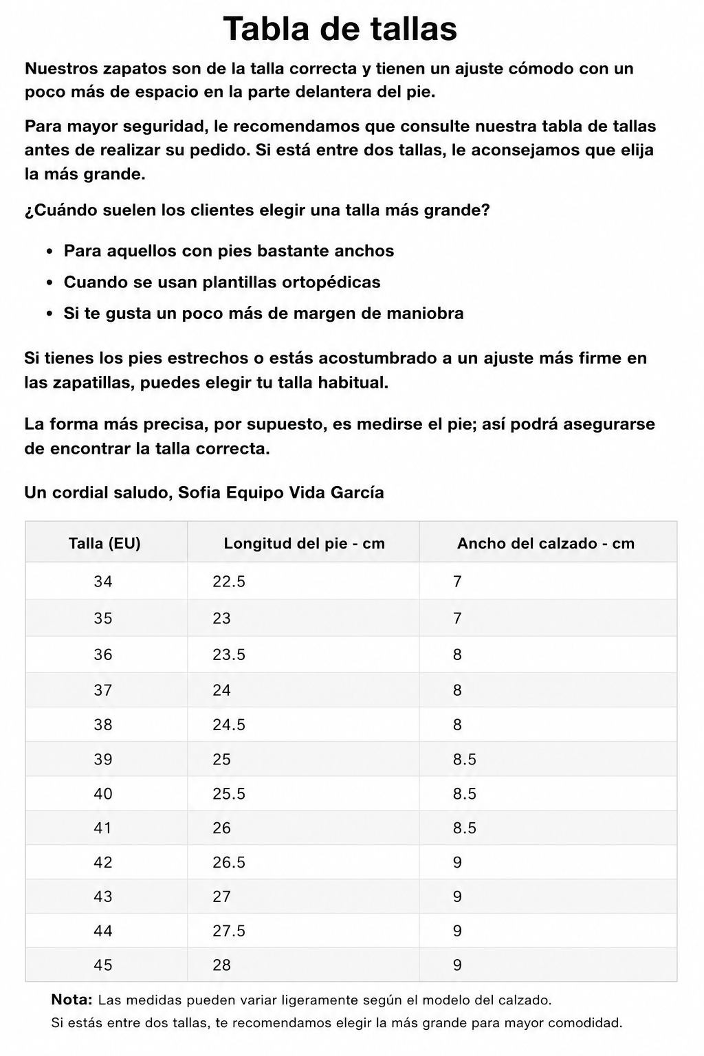 Guía de tallas